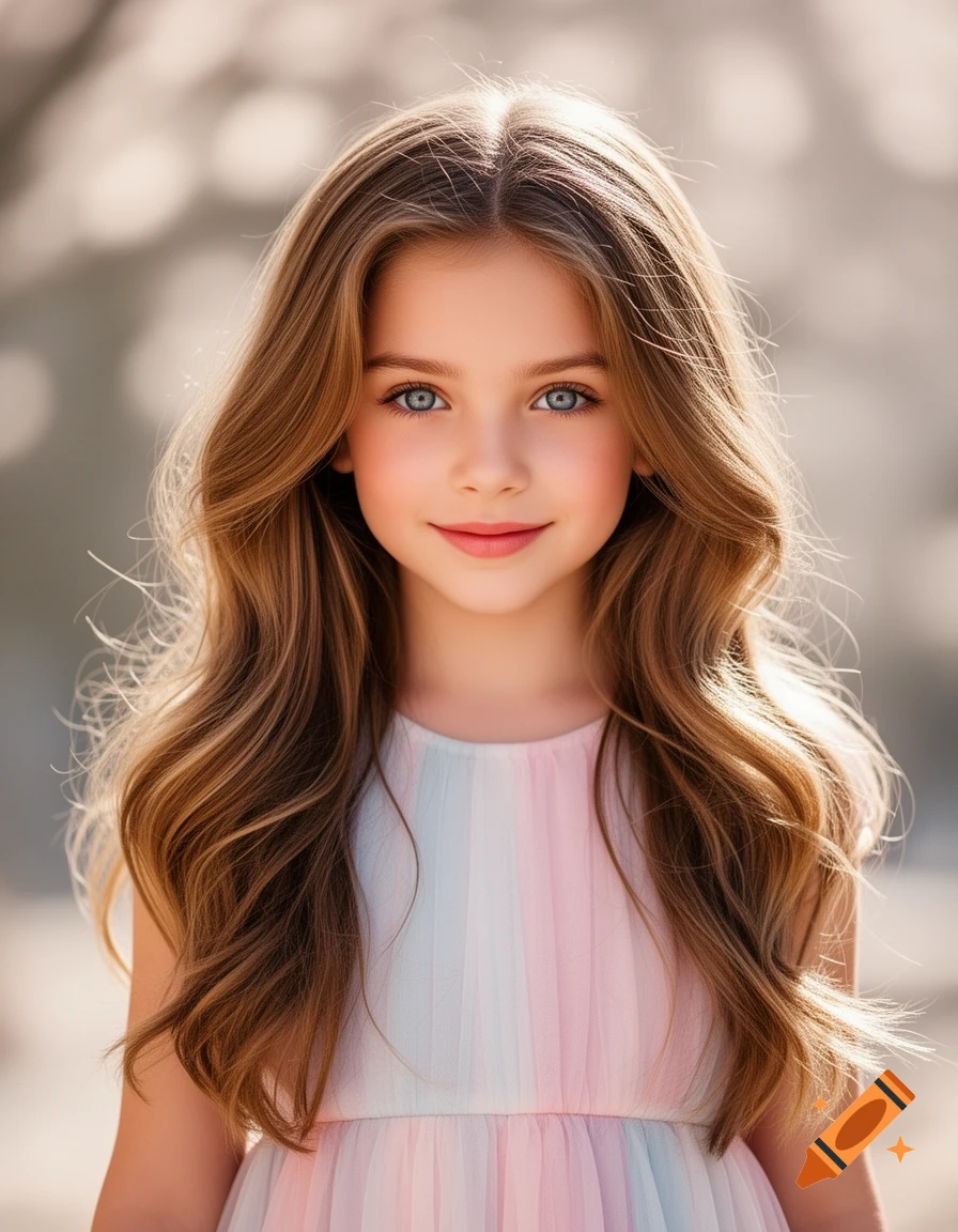 Photorealistic portrait of a smiling young girl with long brown wavy hair and blue eyes, wearing a pastel striped dress.