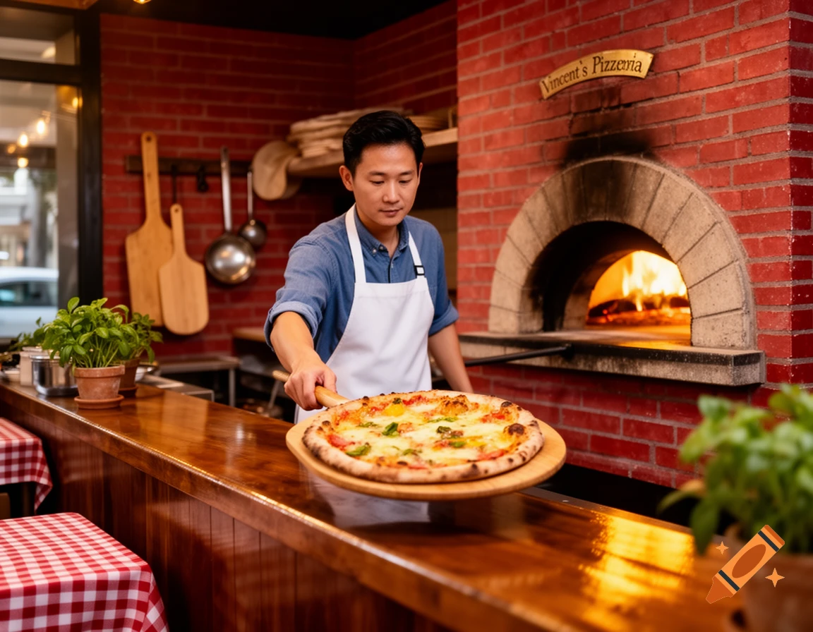 An Asian man in an apron is placing a fresh pizza onto a wooden counter from a brick oven in Vincent's Pizzeria.