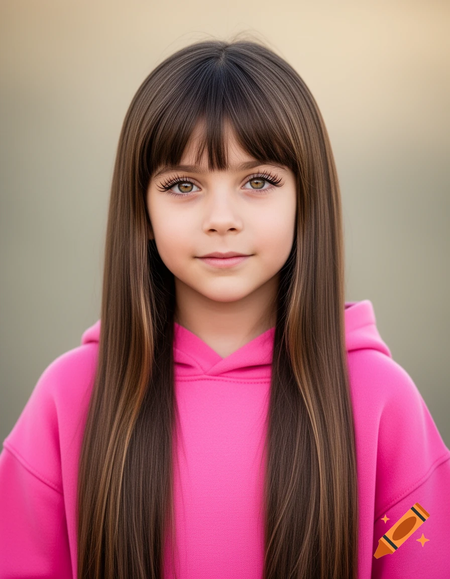 A photorealistic portrait of a young girl with long brown hair, bangs, green eyes, very long eyelashes, and a bright pink hoodie.