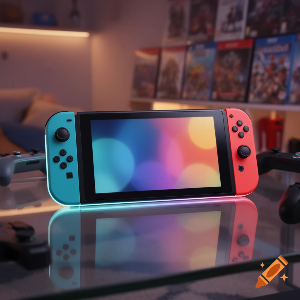 A close-up shot of a Nintendo Switch with blue and red Joy-Cons resting on a reflective glass surface, with blurred game cases in the background.
