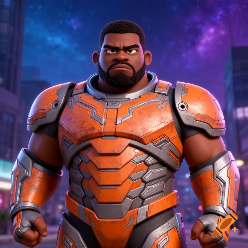 A grumpy, heavy-set African-American man in orange and gray futuristic armor stands against a starry city background, in a 3D stylized cartoon.