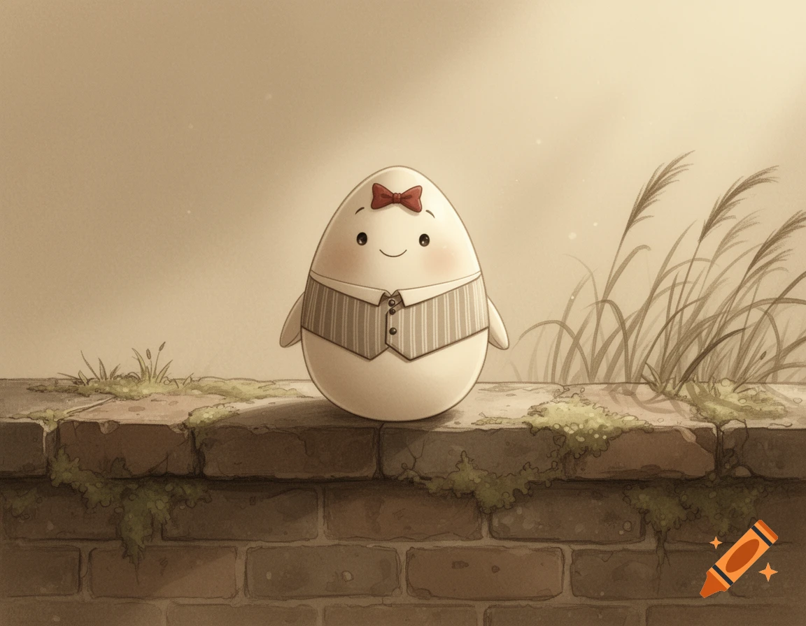 A smiling anthropomorphic egg in a vest and red bowtie sits on a weathered brick wall, surrounded by grass, in a whimsical illustration.