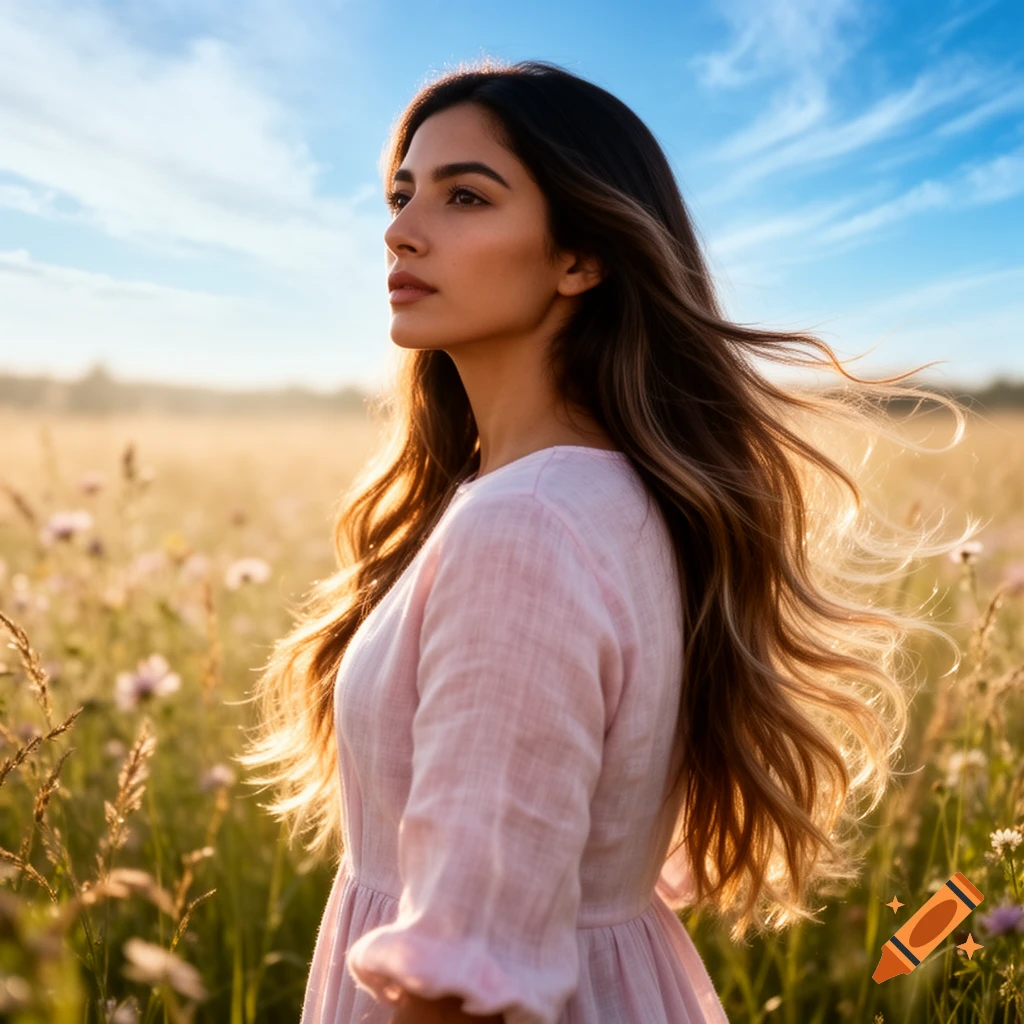 Photorealistic portrait of a woman with long wavy hair, wearing a pink dress, looking into the distance in a sunny field with wildflowers.
