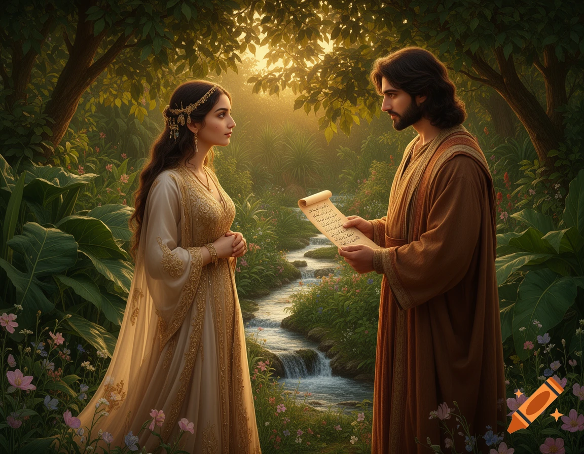 A man and woman in ancient attire stand facing each other in a lush, sunlit forest with a stream. The man holds a scroll.