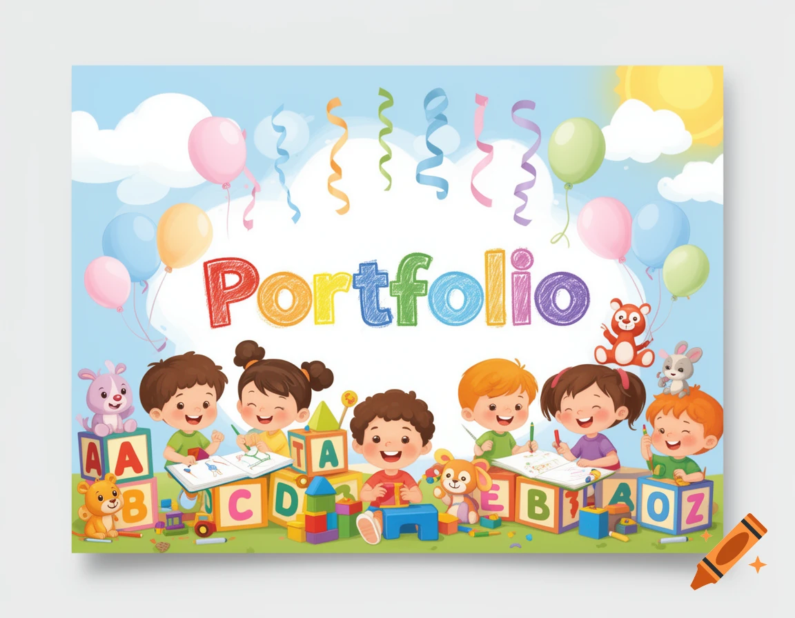 Cartoon illustration of smiling children playing with colorful alphabet blocks and toys under a sky with balloons and confetti, with 'Portfolio' written above.