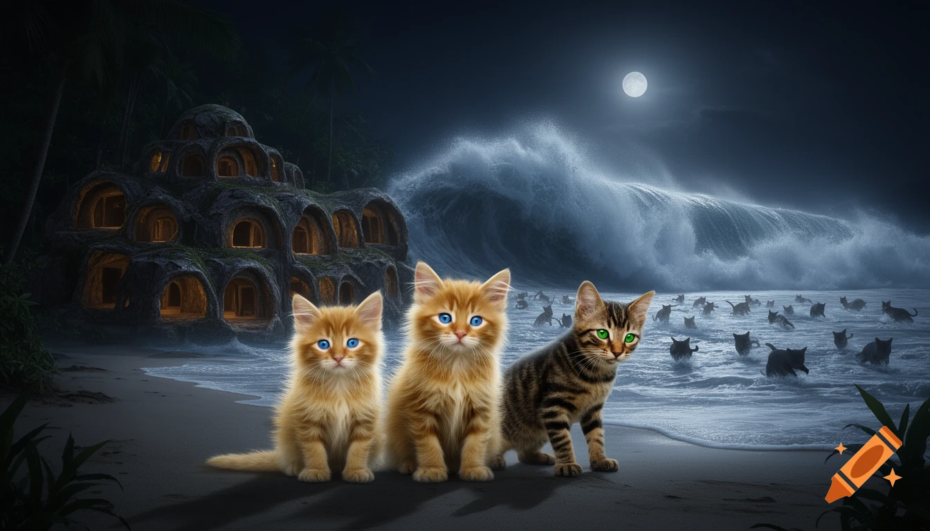 Three cats stand on a dark beach at night, facing a massive wave crashing over a sea filled with silhouetted cats. A cave-like structure is on the left, under a full moon.