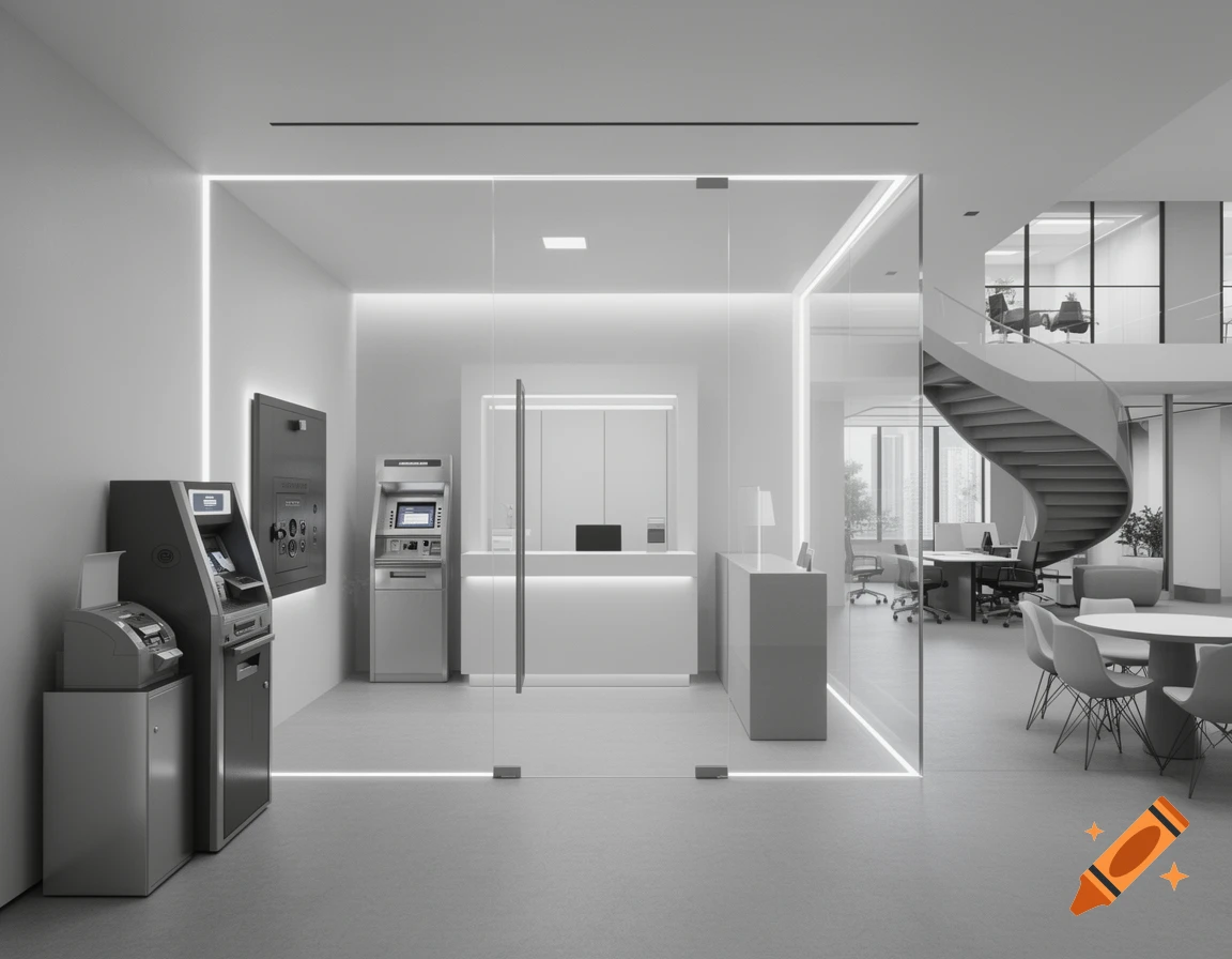 A modern, minimalist bank interior with ATMs, a night safe, a glass-enclosed counter, and a spiral staircase leading to an upper office.