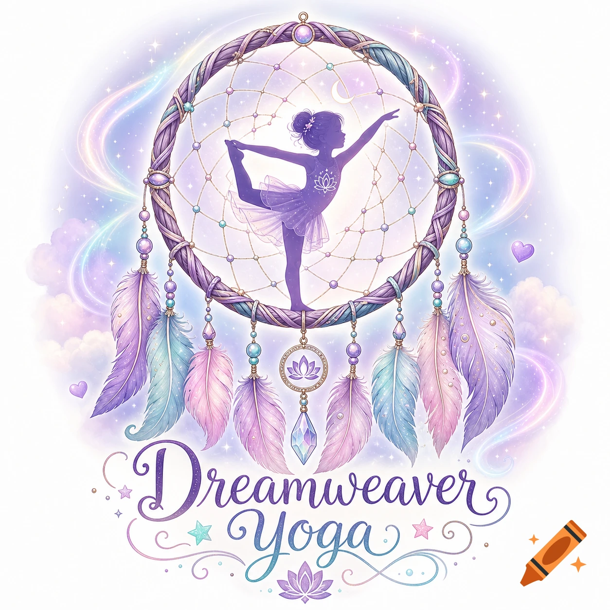 Whimsical Dreamweaver Yoga logo featuring a purple dancer silhouette in a dreamcatcher with feathers and glowing stars.