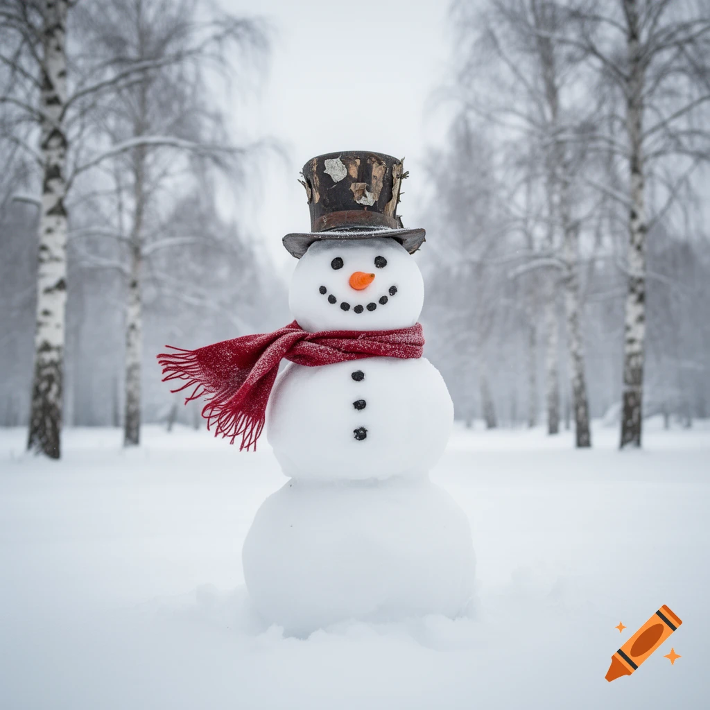 A friendly snowman with a carrot nose, coal eyes, and a red scarf stands in a snowy birch forest under a gray sky.