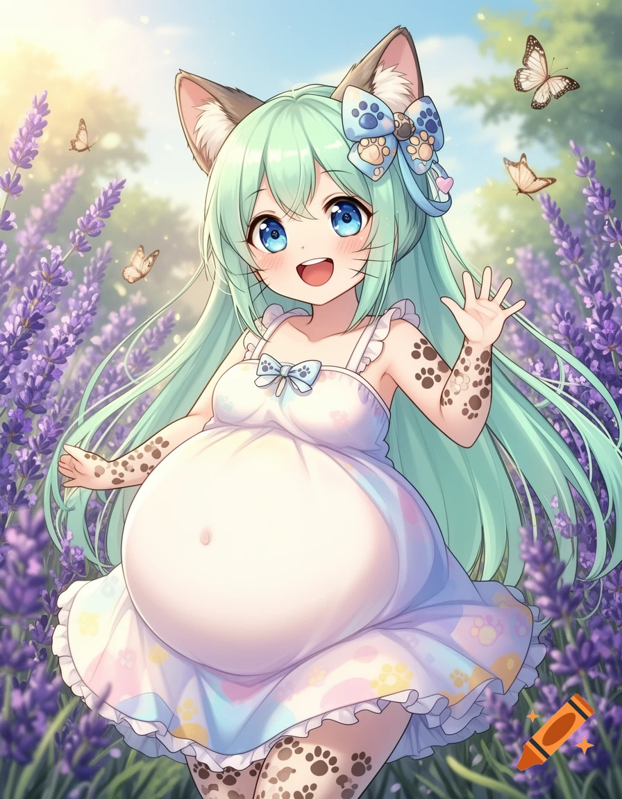 Happy anime catgirl with green hair and large belly, wearing a white dress with paw prints, in a lavender field with butterflies.