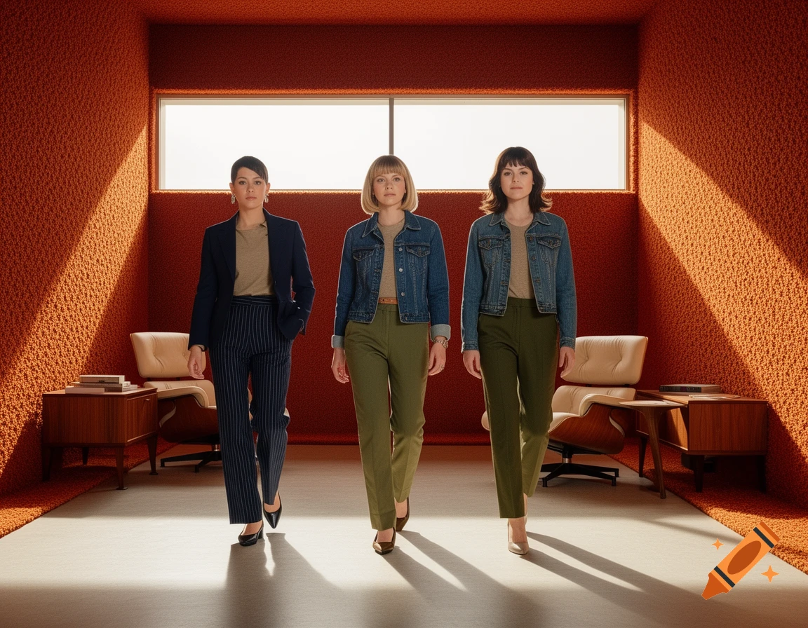 Three women in varying pants and jackets walk forward in a mid-century modern room with textured orange walls and minimalist furniture.