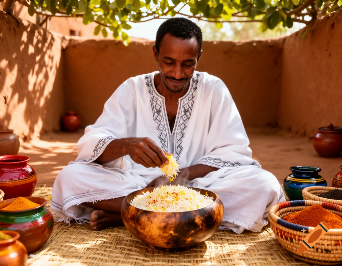 A smiling man in a white robe sits cross-legged, eating rice from a wooden bowl, surrounded by colorful pots and baskets.