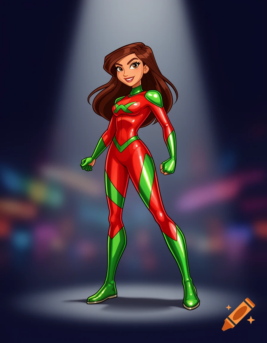 Cartoon illustration of a smiling female superhero in a red and green suit with a green symbol on her chest, standing in a spotlight.