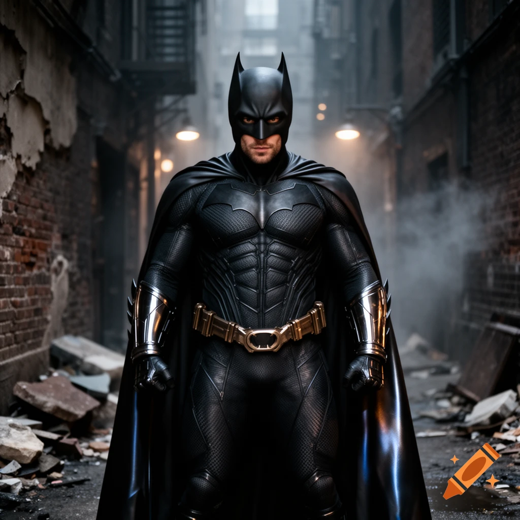 Photorealistic image of Batman in a dark alley, dressed in his black suit with a gold utility belt.