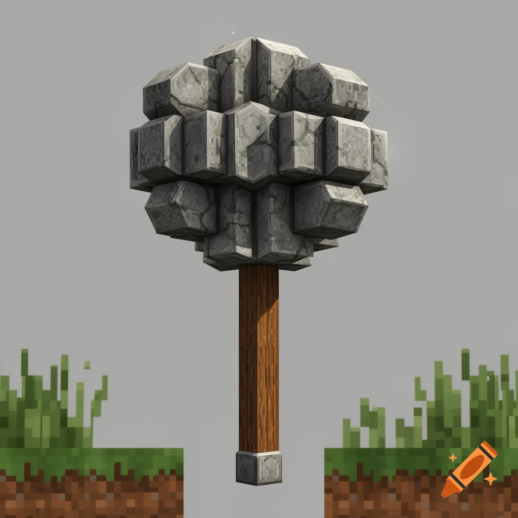 A blocky mace, made of grey stone blocks and a wooden handle, in a Minecraft style, floating above pixelated grass.