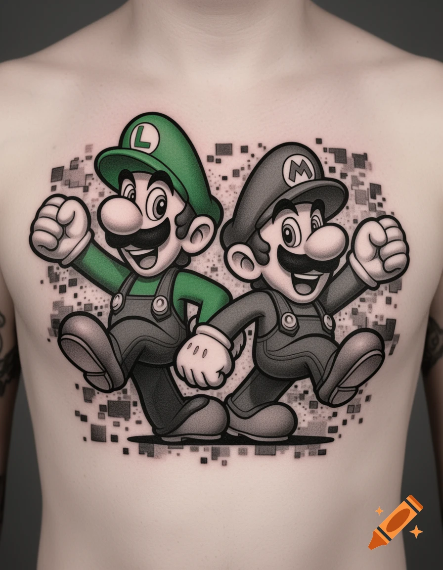 A vibrant cartoon tattoo of green-clad Luigi and grayscale Mario on a person's chest, set against a pixelated background.
