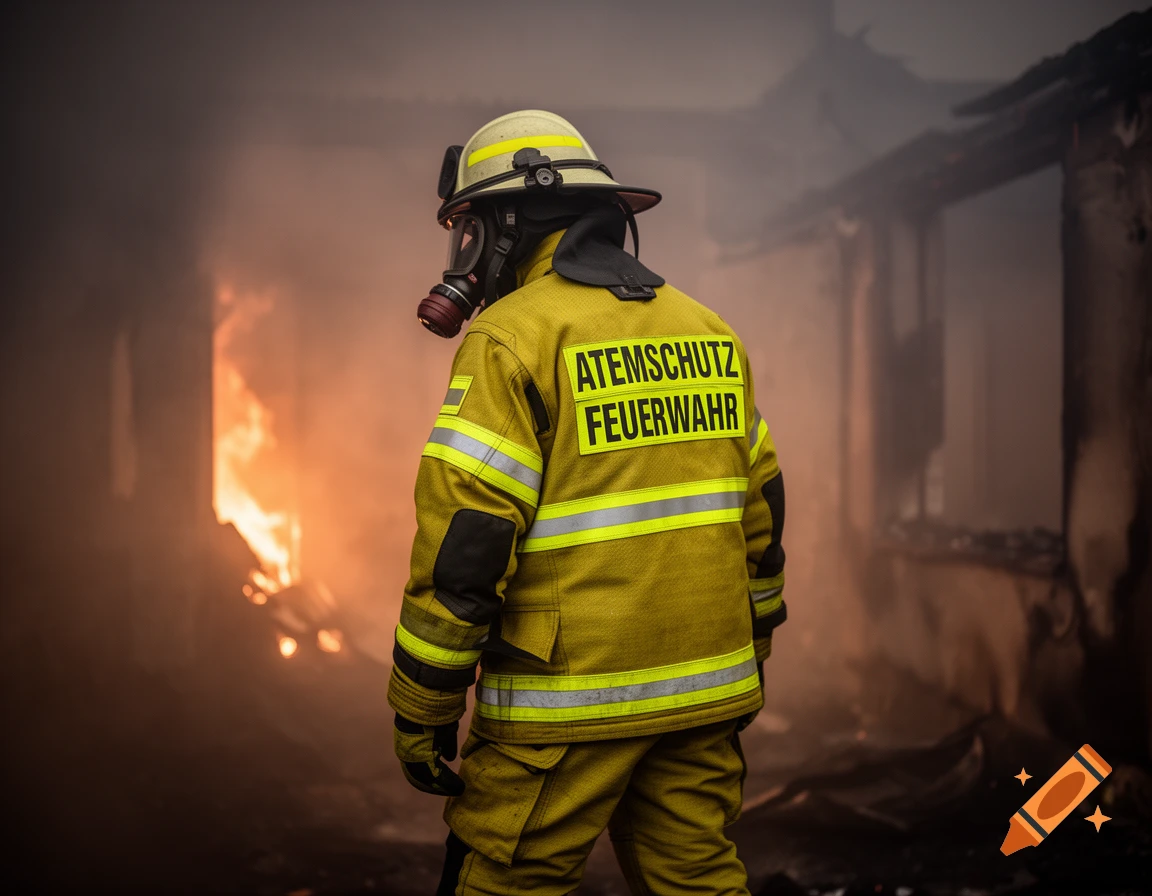 A photorealistic image of a firefighter in full gear, facing a fire inside a smoke-filled, burning building.