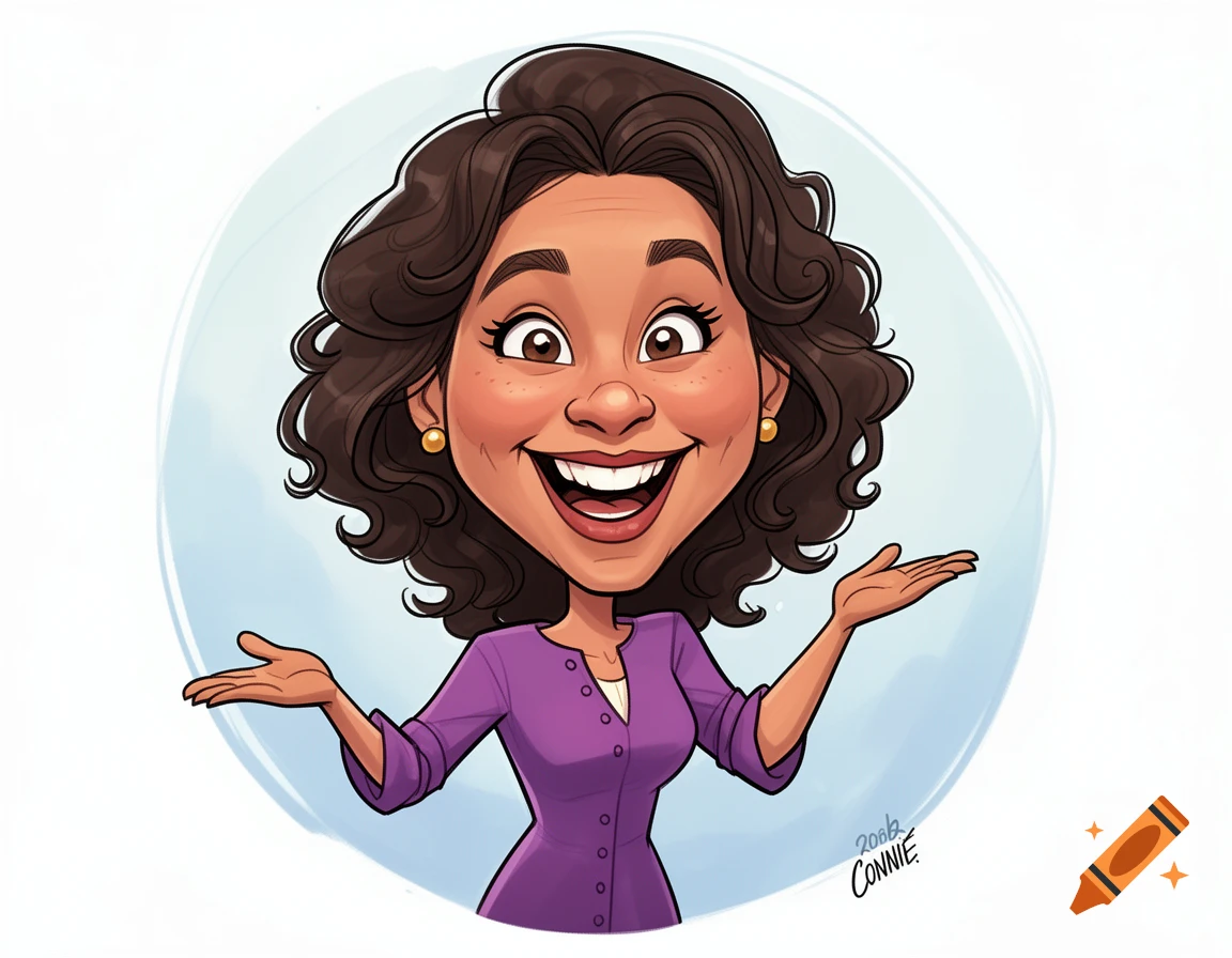 Cartoon caricature of a smiling woman with brown curly hair, wearing a purple top, arms outstretched.