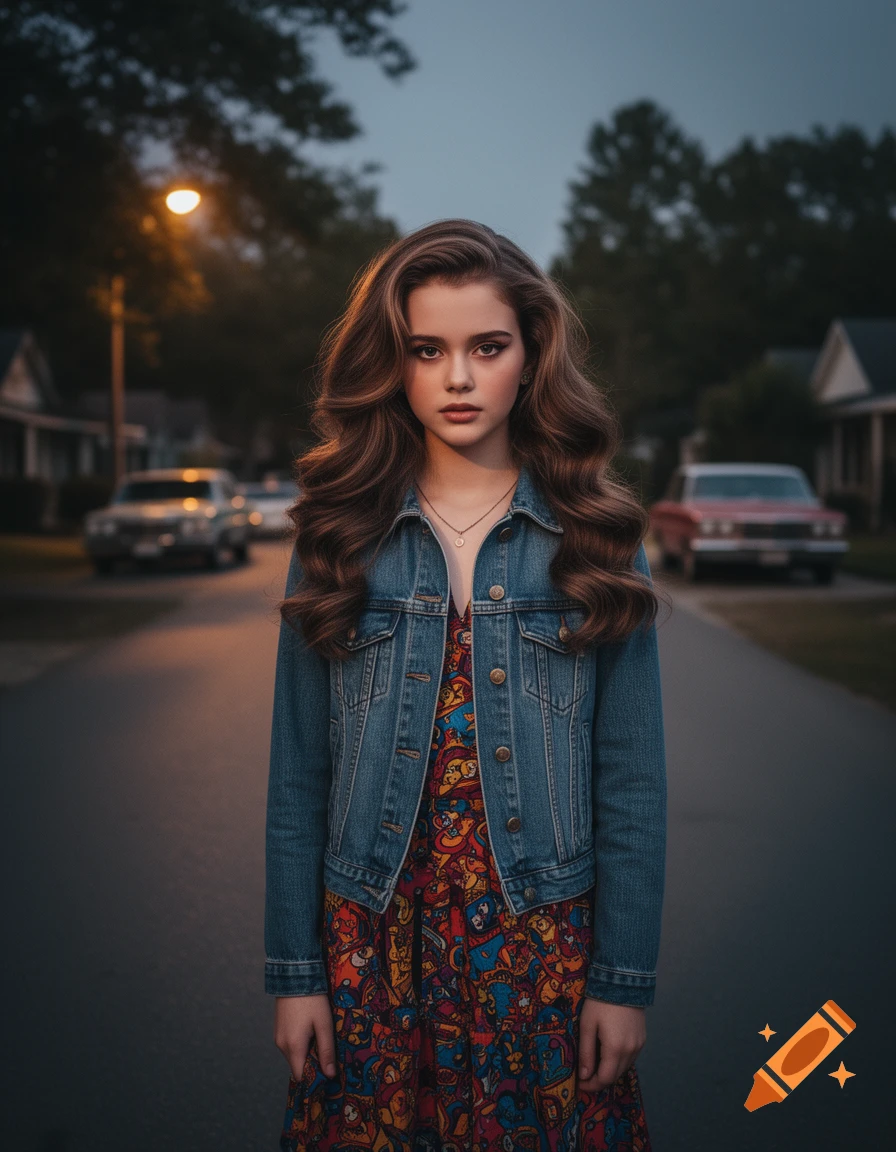A photorealistic portrait of a teen girl with long wavy brown hair, wearing a denim jacket and colorful dress, standing on a street at dusk.