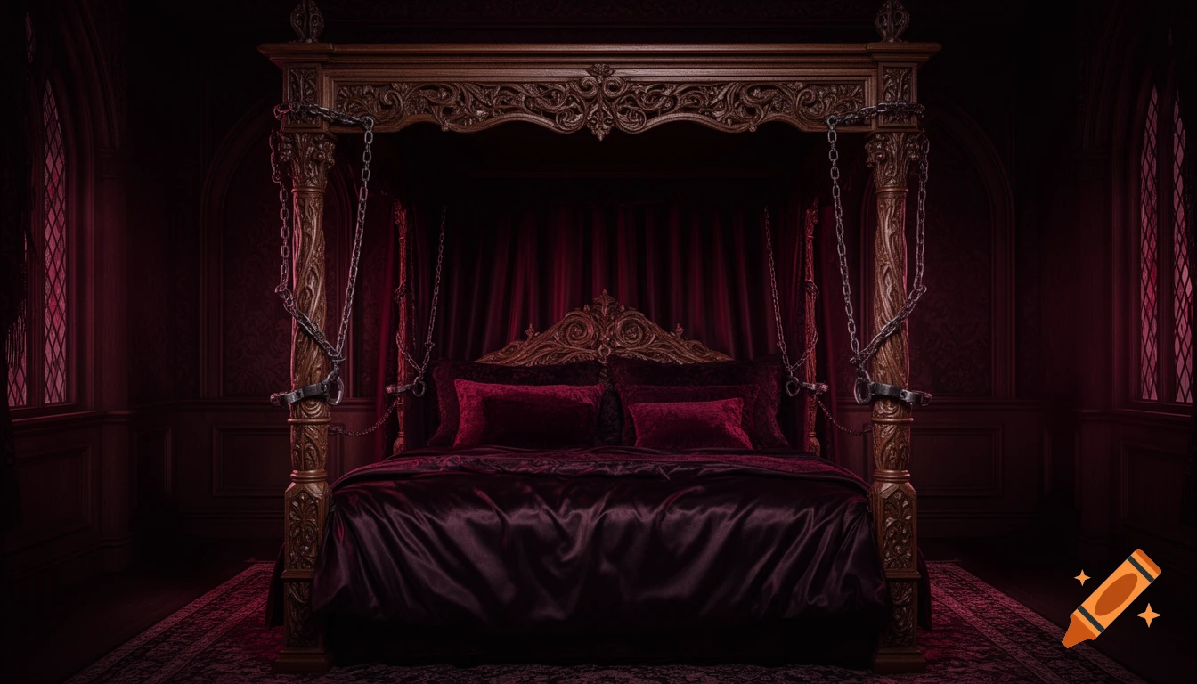 Luxurious gothic bedroom with a grand four-poster bed covered in dark silk and velvet, featuring heavy chains and shackles.