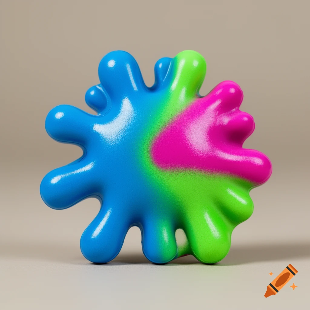 A shiny, blue, green, and pink paint splat shaped toy on a neutral background.