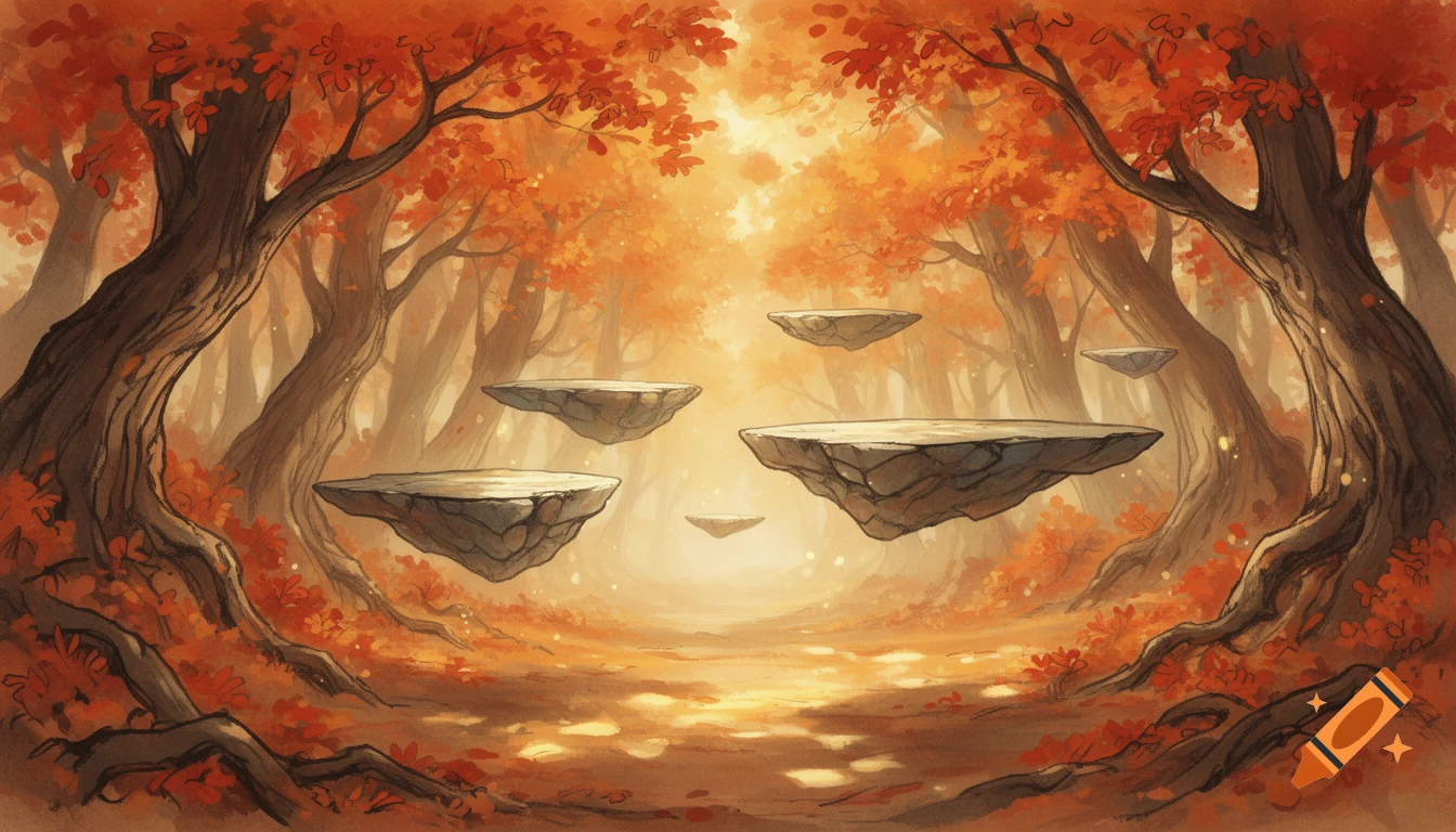 Hand-painted fantasy autumn forest with glowing orange and red foliage, floating stone platforms, in an Okami-inspired style.