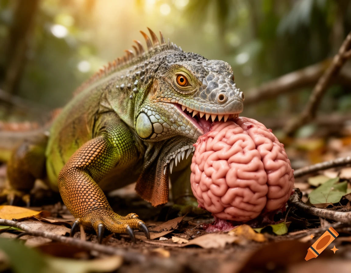 A photorealistic iguana in a jungle environment, biting into a pink brain with its mouth open, showing its teeth and tongue.