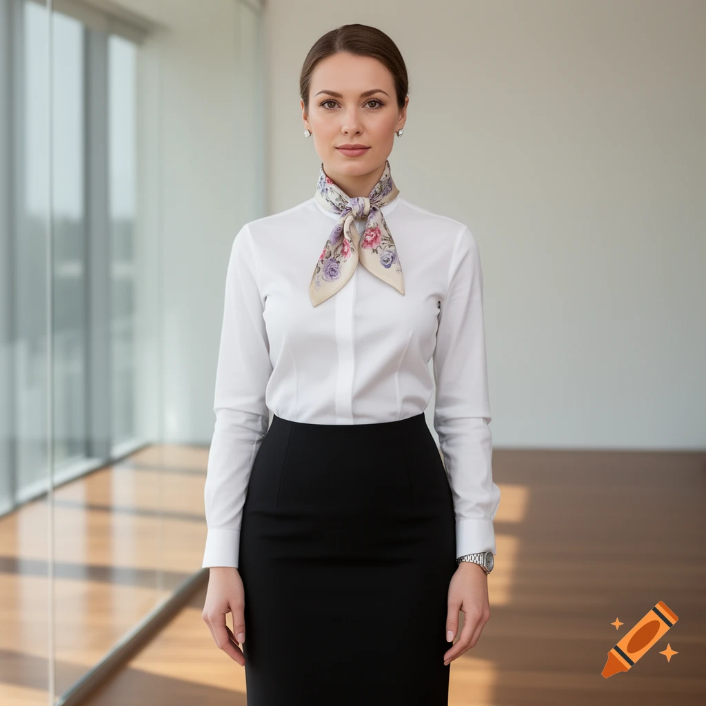 A woman in a white shirt, black pencil skirt, and a floral silk scarf tied ascot-style stands in a modern office.