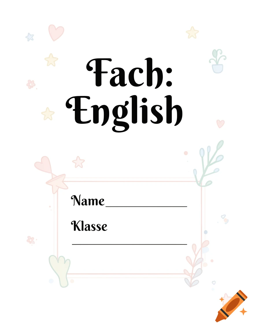 A cute, simple white school subject cover page with "Fach: English" and fields for "Name" and "Klasse", decorated with pastel hearts, stars, and plants.