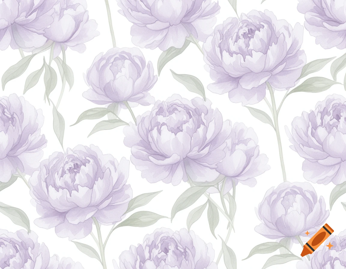 Seamless watercolor pattern of pale pastel purple peonies with sage green leaves on a white background.