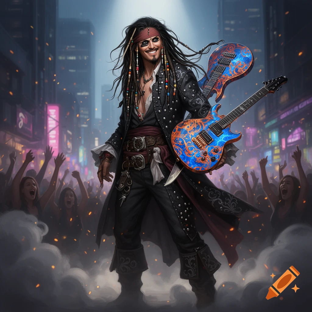 A smiling rockstar pirate resembling Jack Sparrow, with dreadlocks and dark makeup, holds two ornate electric guitars in a neon-lit city street with a cheering crowd and falling confetti.