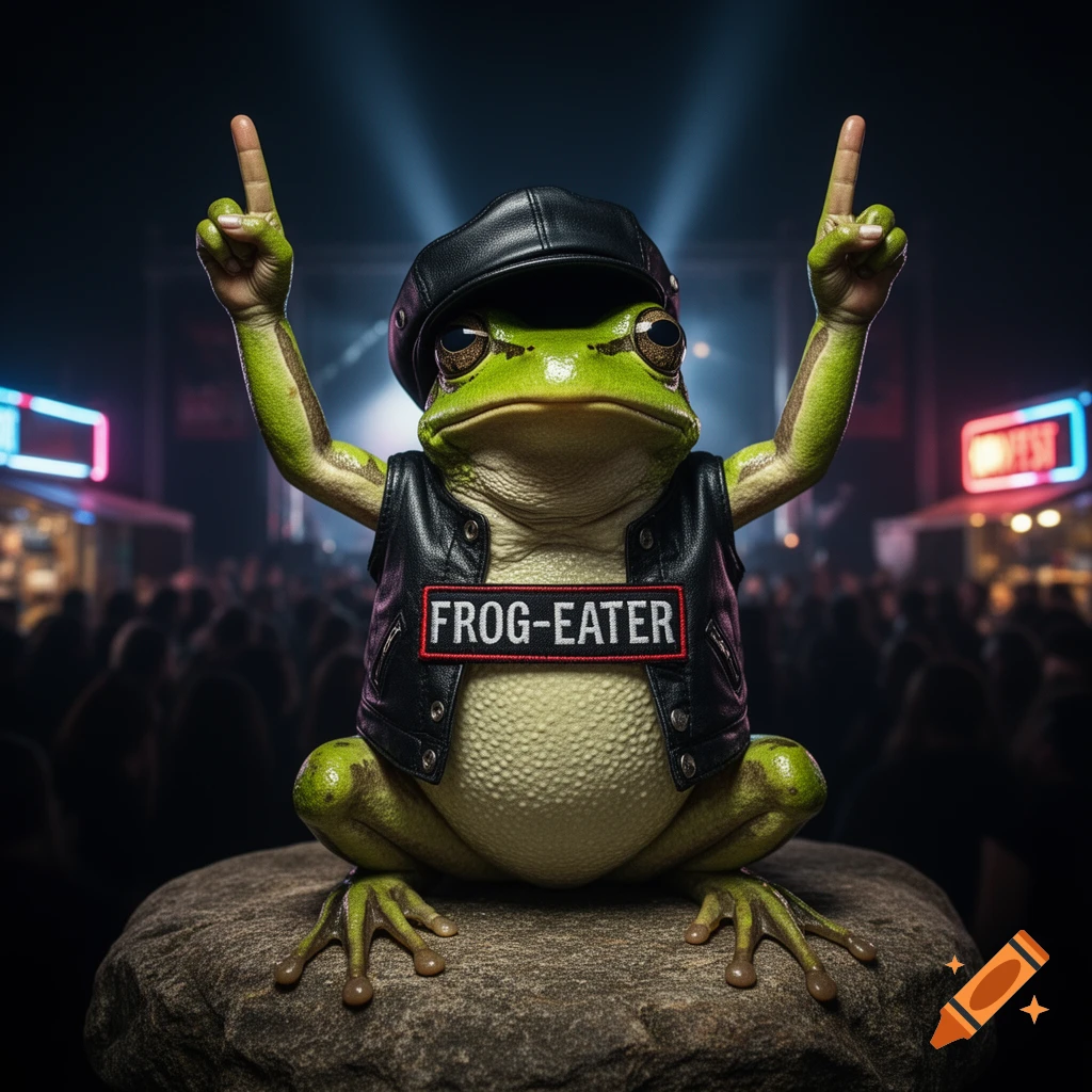 A photorealistic frog wearing a leather vest and cap, with a "FROG-EATER" patch, giving metal fingers at a music festival.