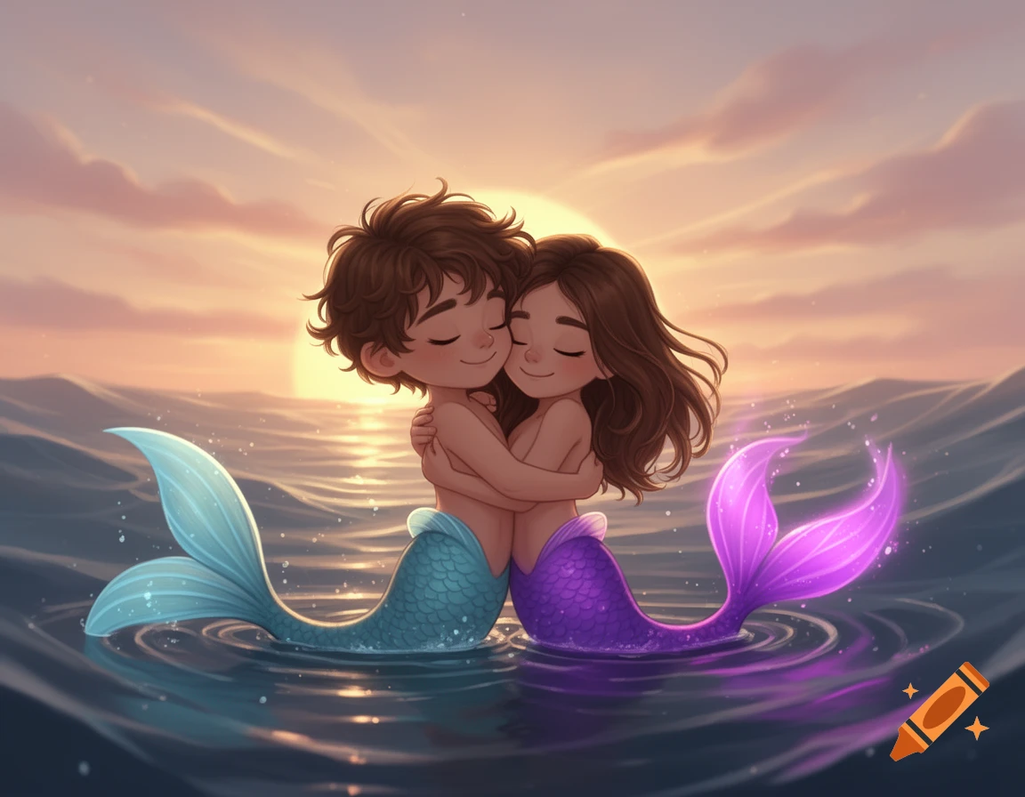 Two cartoon mermaid children with brown hair hug in the ocean at sunset, a light blue tail and a neon purple tail visible.