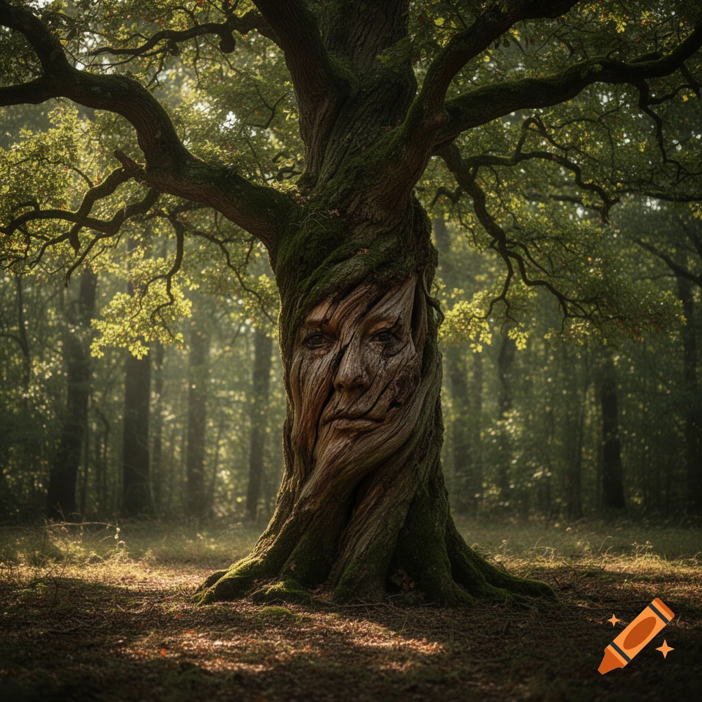 An ancient, moss-covered oak tree with a weathered human face intricately carved into its bark, standing in a sunlit forest.