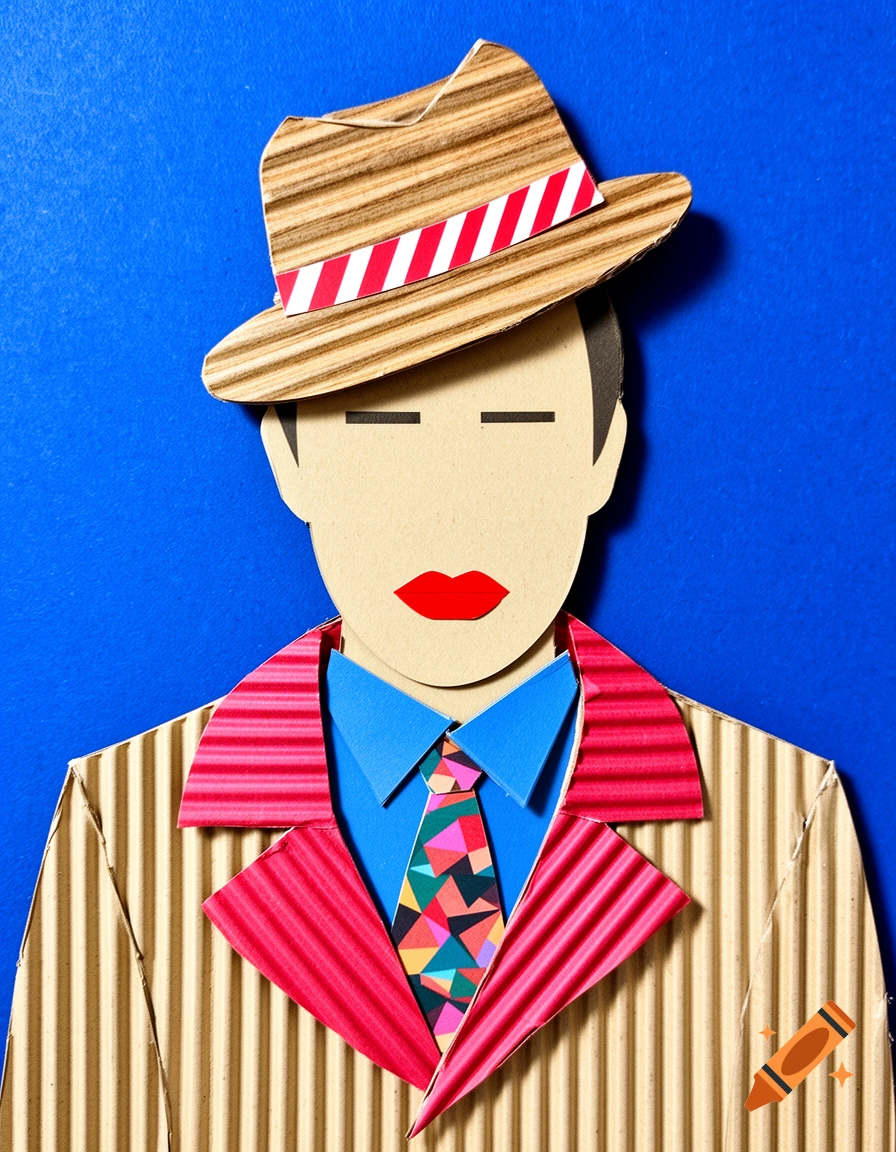 A stylized paper collage portrait of a person in a fedora and suit against a blue background. The art style is bold and graphic.