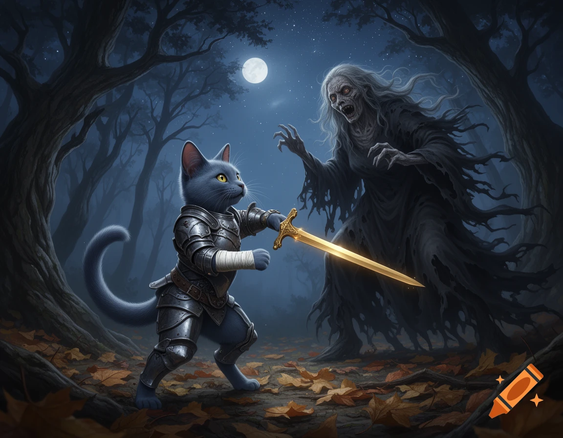 A small armored cat with a bandaged leg wields a golden sword against a terrifying ghoulish woman in a moonlit fantasy forest.