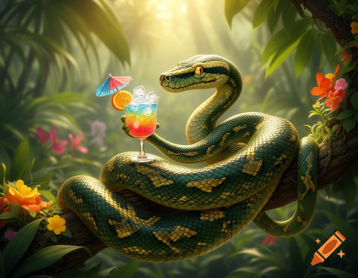 A cartoonish green and yellow python is wrapped around a tree branch in a sunny jungle, holding a colorful cocktail.