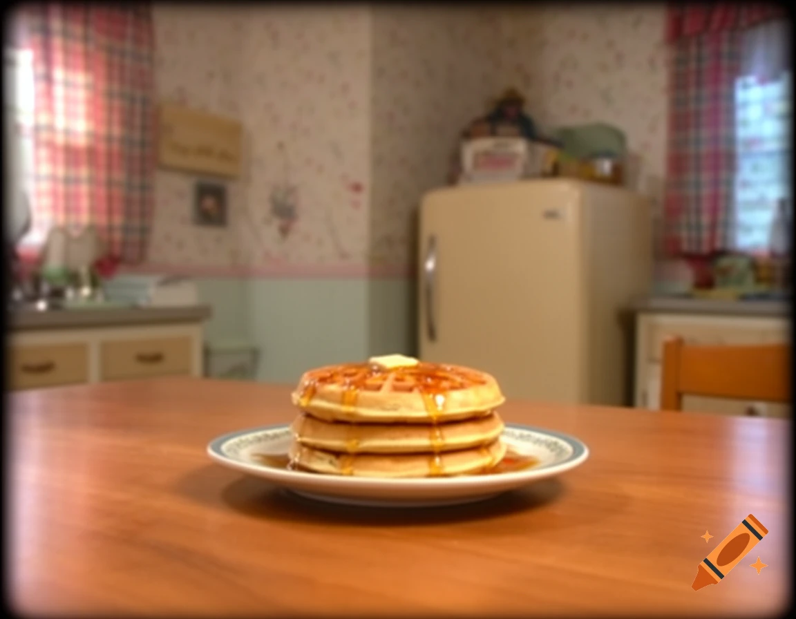 A stack of waffles with butter and syrup on a plate on a table in a blurry, vintage-style kitchen.