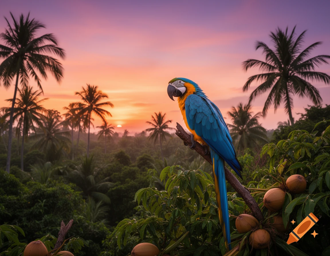 A blue and yellow macaw parrot perched on a branch with coconuts, silhouetted against a vibrant tropical sunset.