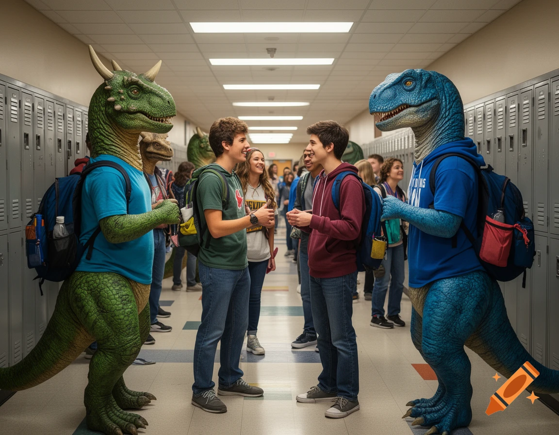 Two humanoid dinosaurs wearing backpacks and t-shirts talk in a high school hallway, surrounded by human students and lockers.