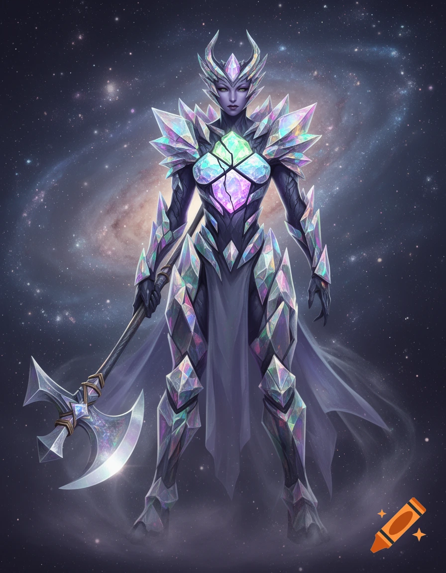 A cosmic warrior with purple skin and crystalline armor stands holding a battle axe against a starry galaxy background.