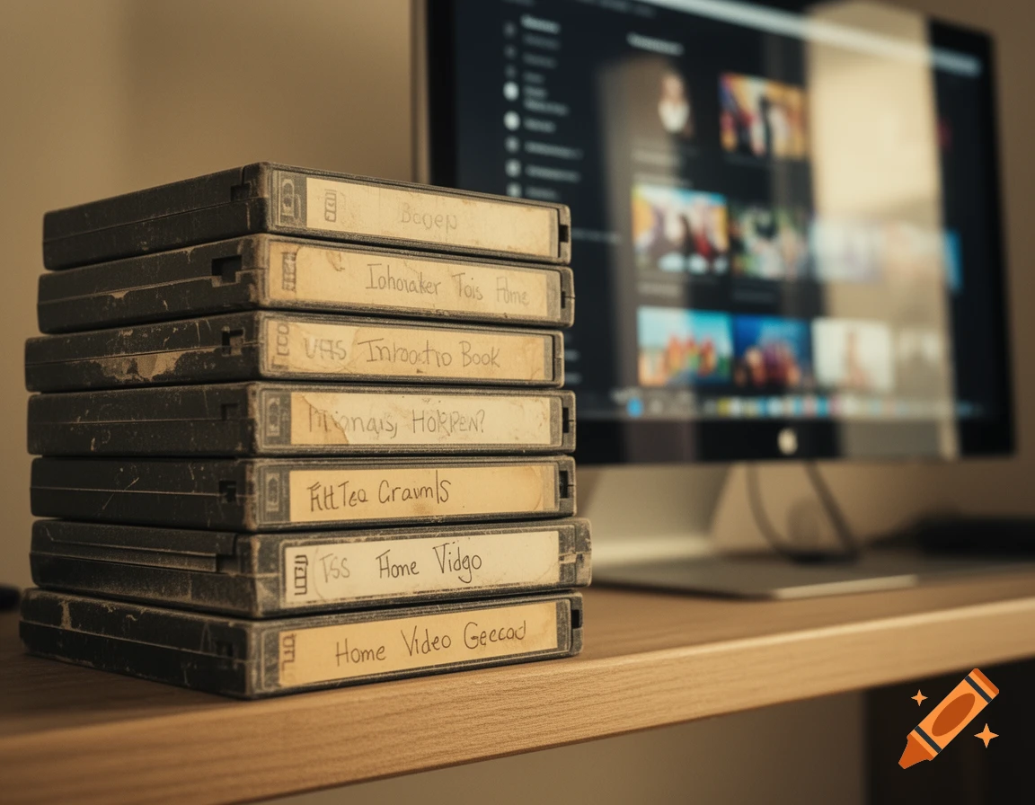 A stack of old, dusty VHS tapes with handwritten labels sits on a wooden desk, with a blurred computer monitor in the background.