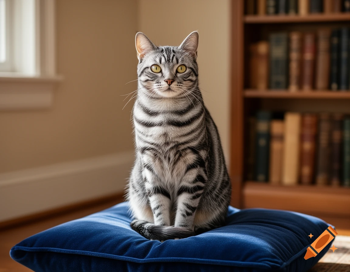 A photorealistic tabby cat with green eyes sits on a blue velvet pillow in a sunlit room with a bookshelf.