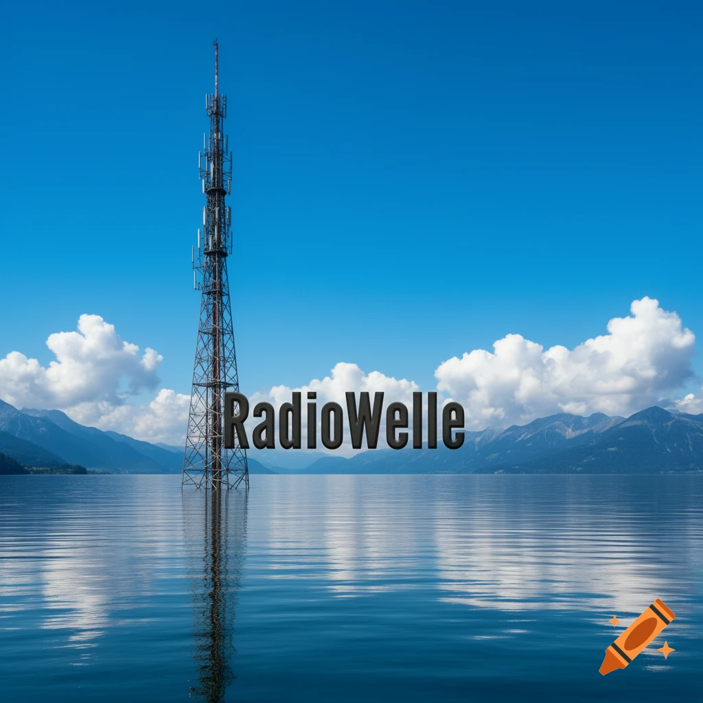A photorealistic image of a radio mast in a lake, mountains in the background, with the word 'RadioWelle' floating above the water.