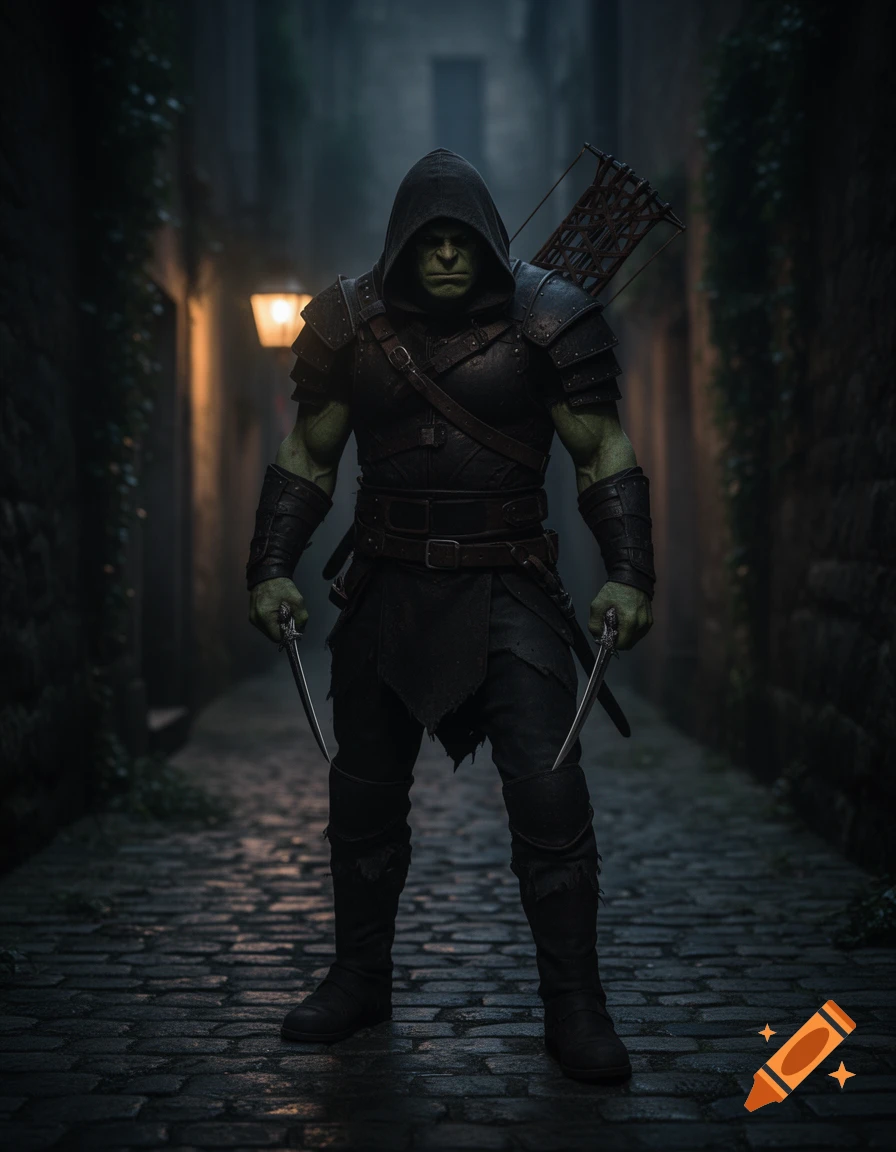A hooded, green-skinned orc warrior with daggers stands in a dark, cobblestone alley, a crossbow quiver on their back. Photorealistic dark fantasy.