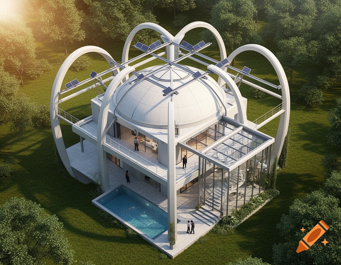 Aerial view of a unique modern house with a white dome, arching structures, solar panels, balconies, a glass conservatory, and a pool in a green landscape.