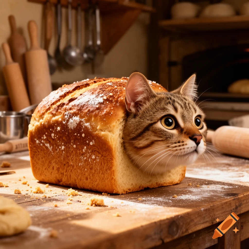 Photorealistic tabby cat's head emerging from a loaf of bread on a wooden bakery table.