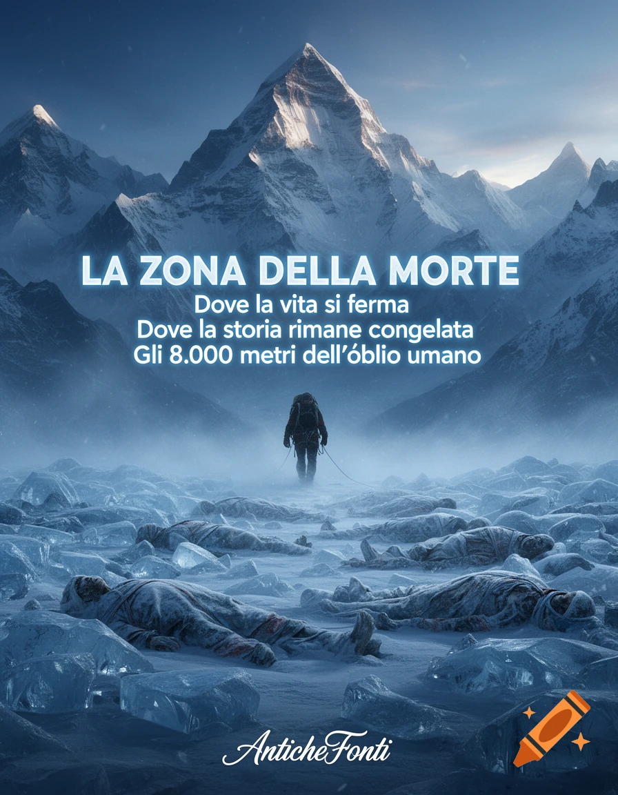 A lone climber walks through a snowy, mountainous 'death zone' past frozen bodies in ice, with bold text titles in Italian.