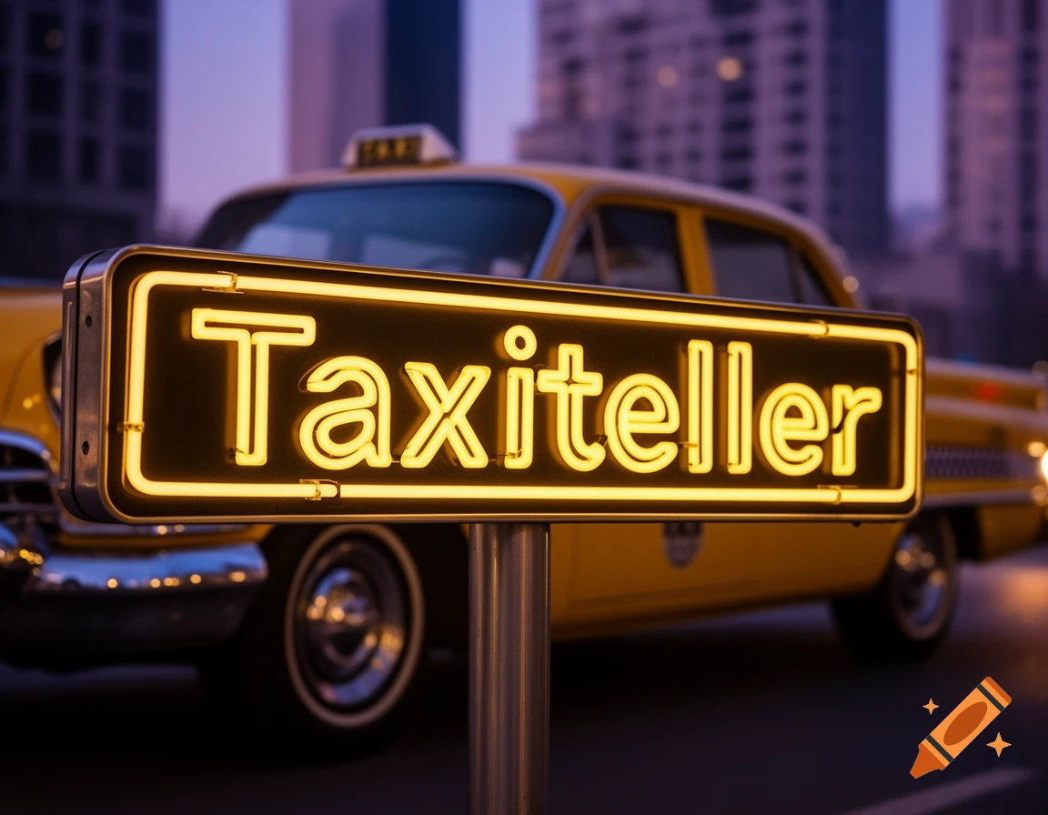 A bright yellow neon sign reading 'Taxiteller' in front of a blurred yellow taxi on a city street at dusk.