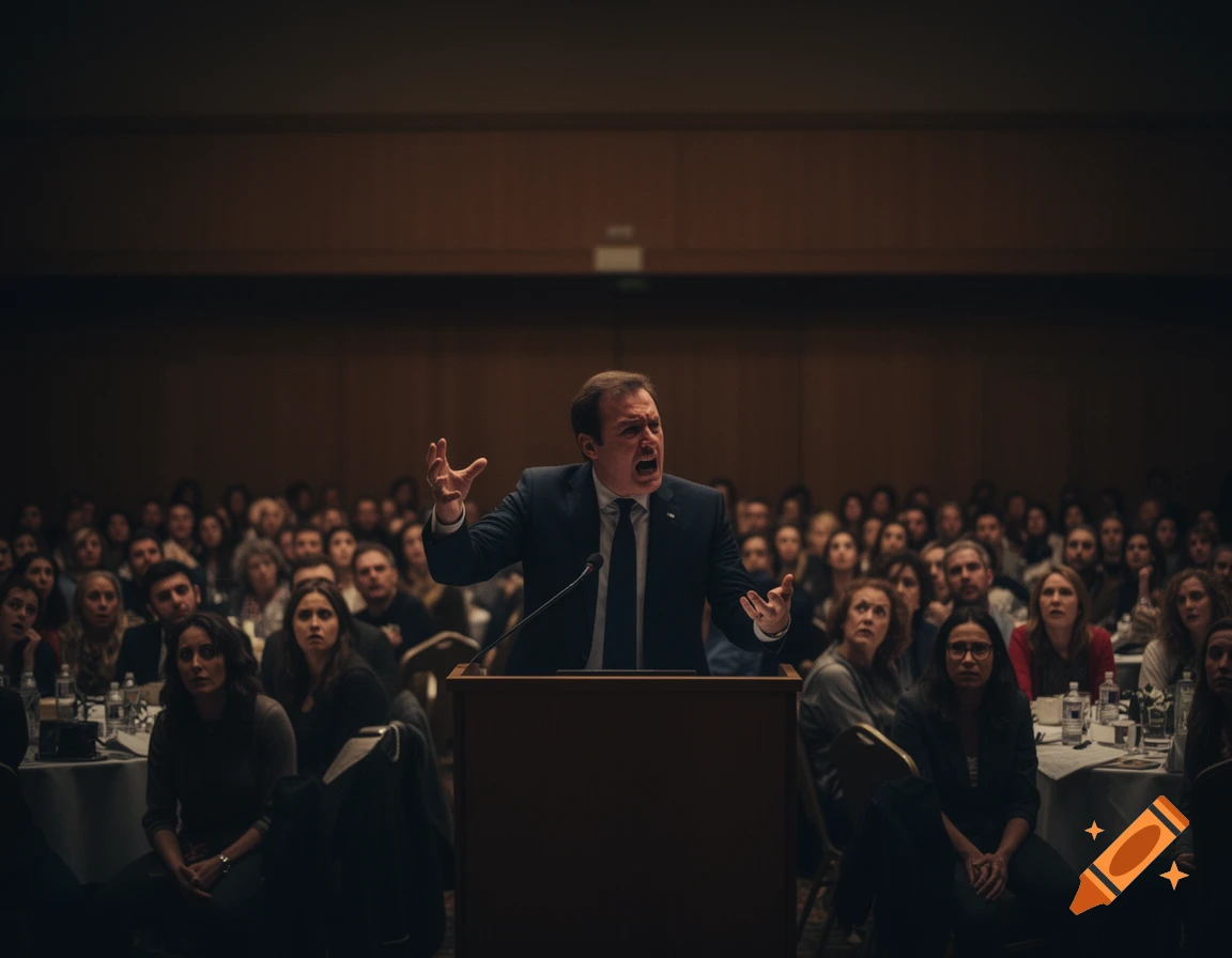 A man in a suit speaks angrily from a podium to a large audience seated at tables in a dark conference hall.